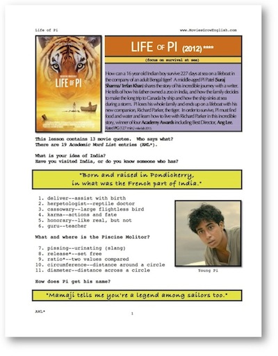 Life of Pi Cover Page for whole-movie ESL lesson at Movies Grow English